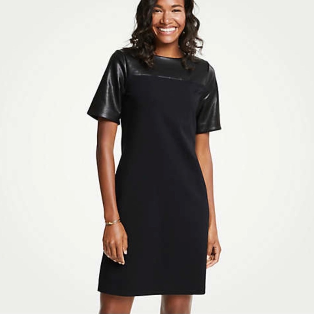 Black Ann Taylor Faux Leather Yoke Ponte Shift Dress